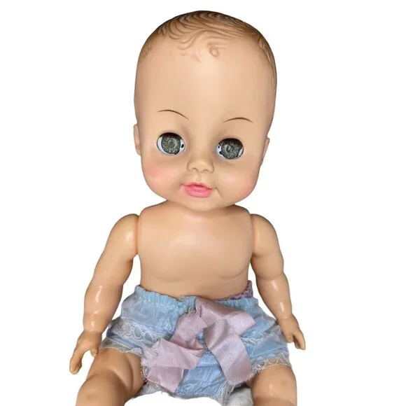 Vintage Horsman Dolls Inc 1960s Baby Doll With Blue Eyes & Pink Lips In Blue Rib - Picture 2 of 6